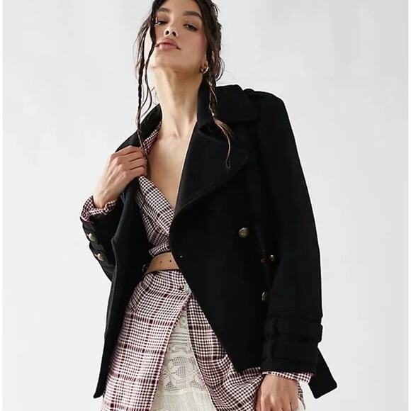 Free People Cecelia Peacoat Jacket Coat Button Front Buckle Detail Black Size M